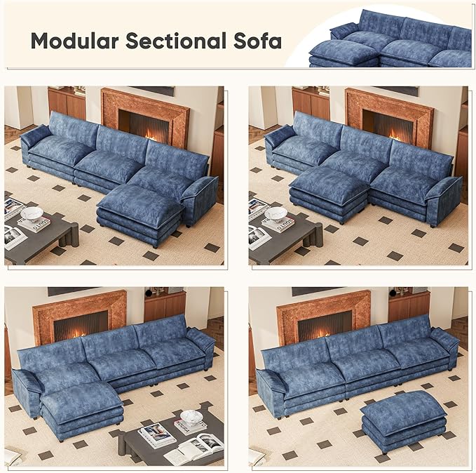Furniwell Modular Sectional Sofa with Moveable Ottoman, Oversized 3-Seater Couch with Supportive Backrest, Chenille Convertible Sofa Couches for Living Room/Apartment(L Shaped,Blue)