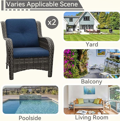 Patio Wicker Chairs Set of 2, Patio Rattan Dining Chairs with 3.5-inch Seat Cushions, High Back and Curved Armrest for Garden, Backyard, Balcony and Deck, Blue