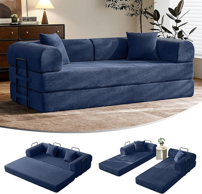 79" Convertible Sofa Bed with Fixed-Shape Frame & Removable Armrests, Modular Corduroy Sleeper Sofa, Folding Mattress Couch for Small Spaces - No Assembly Needed in Navy Blue (Includes 2 Pillows)