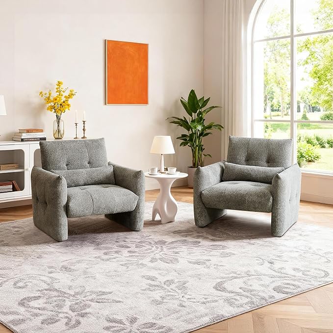 33.9" Accent Chairs, Modern Upgrade Sherpa Fabric Arm Chair Comfy Upholstered Armchair Leisure Single Sofa Chair with a Waist Pillow for Bedroom, Office and Living Room