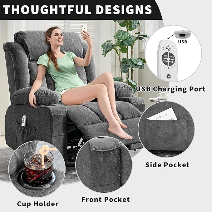 Rocking Recliner Chair with Heat and Massage, Nursery Recliner 360° Swivel Oversized Chairs for Adults, Lazy Boy Single Sofa Seat with 3 Positions, 2 Side Pockets, Cup Holders, and USB Ports, Grey