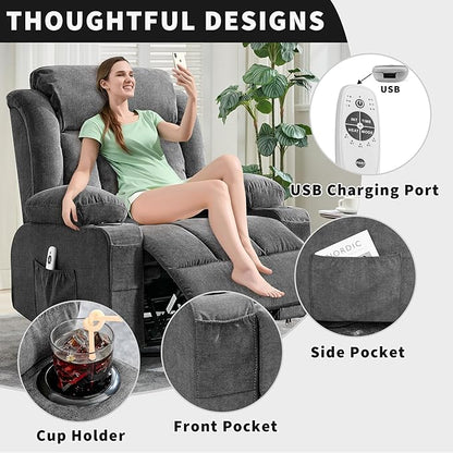 Rocking Recliner Chair with Heat and Massage, Nursery Recliner 360° Swivel Oversized Chairs for Adults, Lazy Boy Single Sofa Seat with 3 Positions, 2 Side Pockets, Cup Holders, and USB Ports, Grey