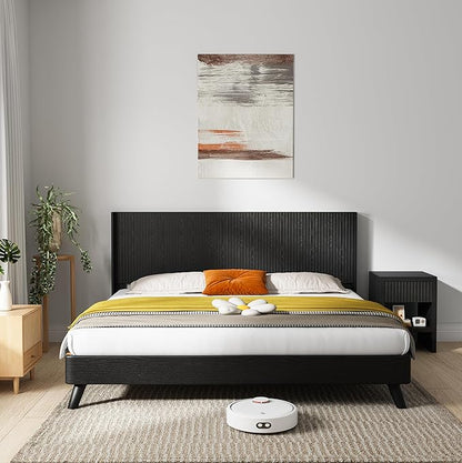 KEIKI Wooden King Size Headboard Only, 80.2" Wide Farmhouse Headboards with Wall Mounted Fluted Panel & Wingback for Bedroom, Black Oak