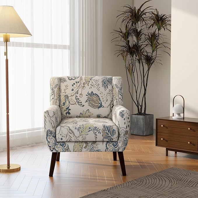 Accent Chair, Modern Linen Blend Arm Chair for Living Room, Bedroom, Comfy High-Resilient Sponge Reading Chair for Small Spaces (Pattern Leaf, Set of 2)