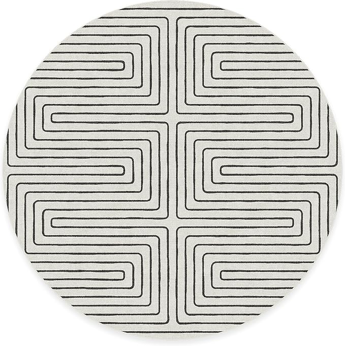RUGGABLE x Jonathan Adler Machine Washable Area Rug – Labyrinth Black/Ivory 8 ft Round, Stain-Resistant, Non-Slip – Large Rugs for Living Room, Bedroom, Hallway, Entryway & Office–with Standard Pad