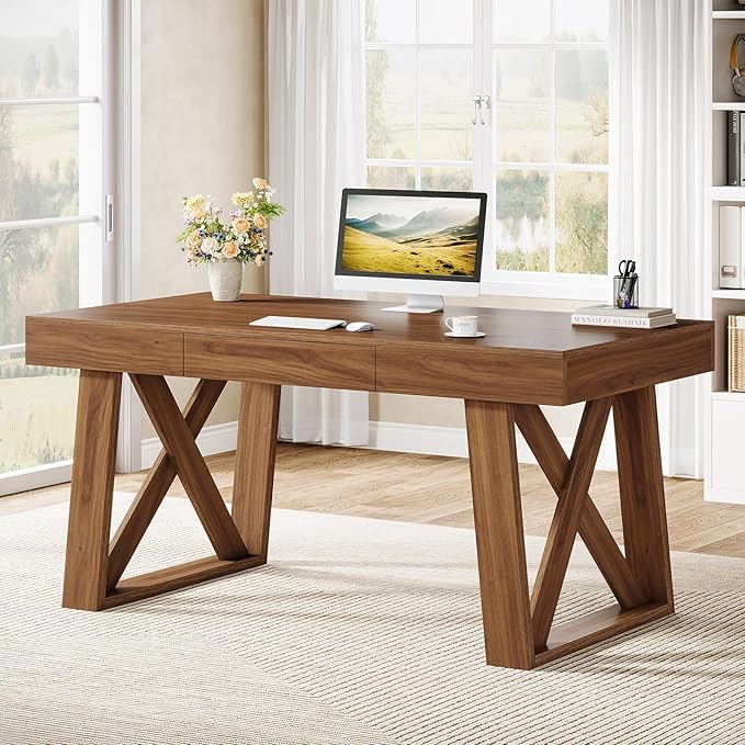 Tribesigns 55" Wide Desktop Executive Desk with Drawer, Retro Brown Computer Office Desk, Modern Wood Business Workstation Table for Home Office