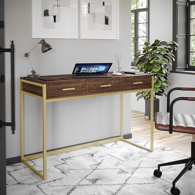 Martha Stewart Ollie Home Office Desk with 3 Drawers in Walnut Wood Grain with Polished Brass Hardware