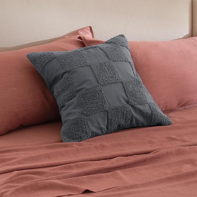 Double Stitch 100% Cotton Throw Pillow Covers - Checkered Tufted Boho Decorative Pillow Covers 20x20, Made in India, Square Cushion Case, Modern Home Decor for Couch, Sofa, Living Room, Charcoal Grey