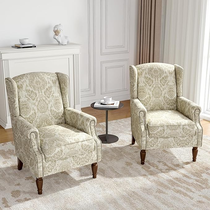 Wingback Accent Chairs Set of 2, High Back Upholstered Armchair, Printed Fabric Wingback Arms Chairs with Wood Legs, Single Sofa Reading Chair for Bedroom Living Room, White