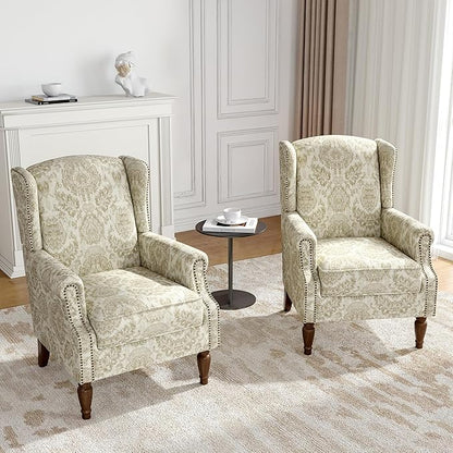 Wingback Accent Chairs Set of 2, High Back Upholstered Armchair, Printed Fabric Wingback Arms Chairs with Wood Legs, Single Sofa Reading Chair for Bedroom Living Room, White