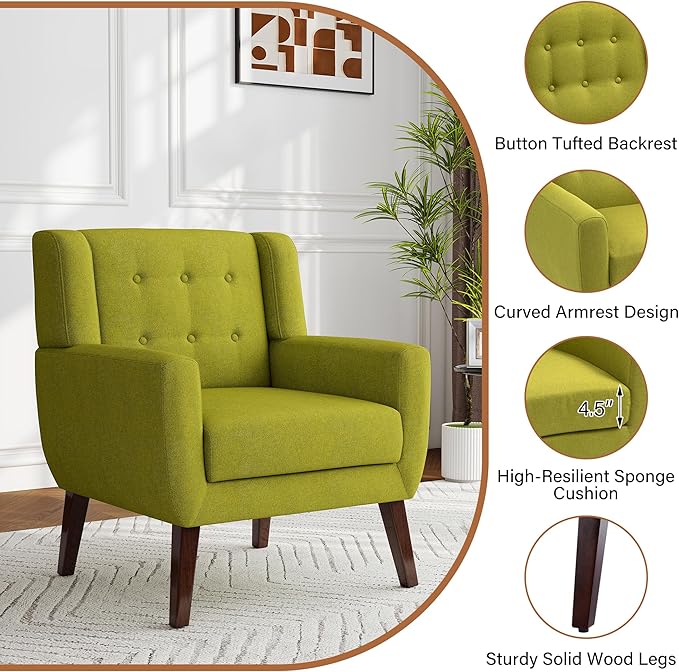 Accent Chair, Modern Fabric Armchair for Living Room, Comfy Upholstered Arm Chair Tufted for Indoor Bedroom Office Room (Green)