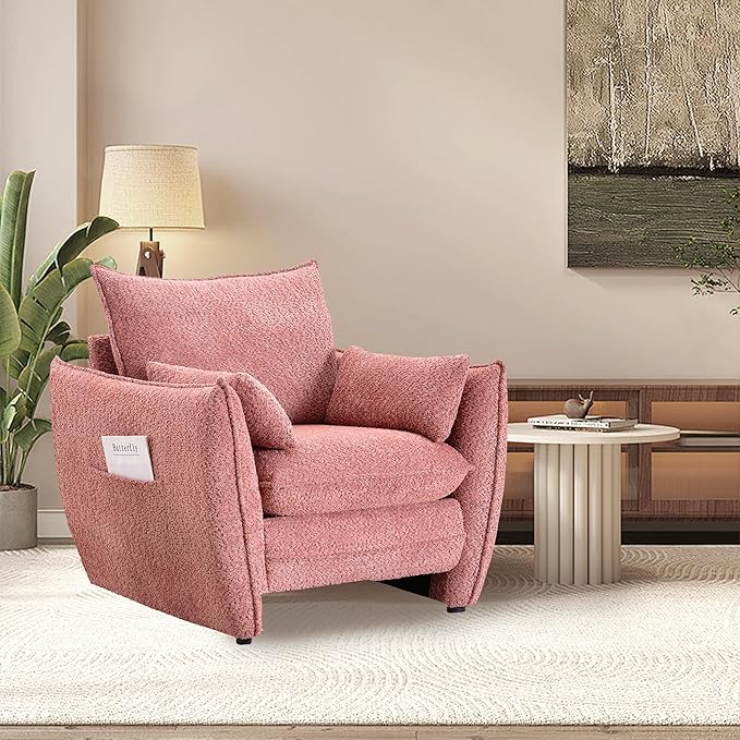Chenille Oversized Accent Chairs, Modern Oversized Armchair with Removable Pillow, Comfy Living Room Chair with Side Pocket Storage for Bedroom, Office, Pink
