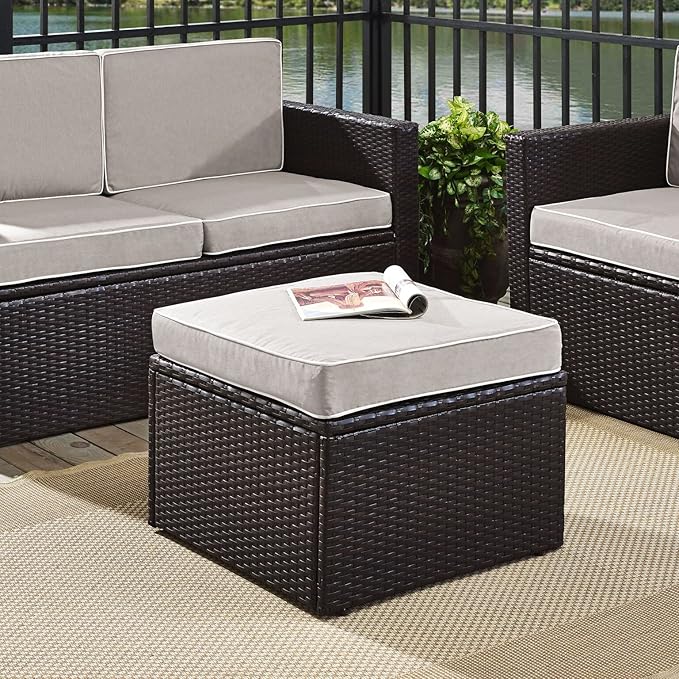 Crosley Furniture Palm Harbor Wicker Outdoor Ottoman Foot Rest for Patio, Deck, Porch, Brown with Gray Cushions