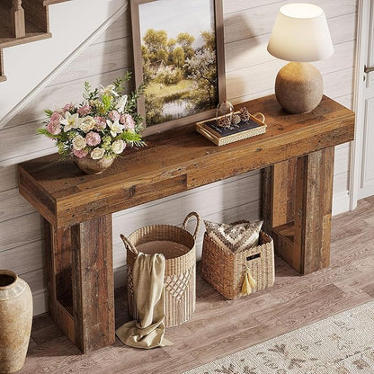 Tribesigns 63" Farmhouse Console Table, Natural Wooden Sofa Table Rectangular Accent Console for Entryway, Hallway & Living Room (Mix Brown)