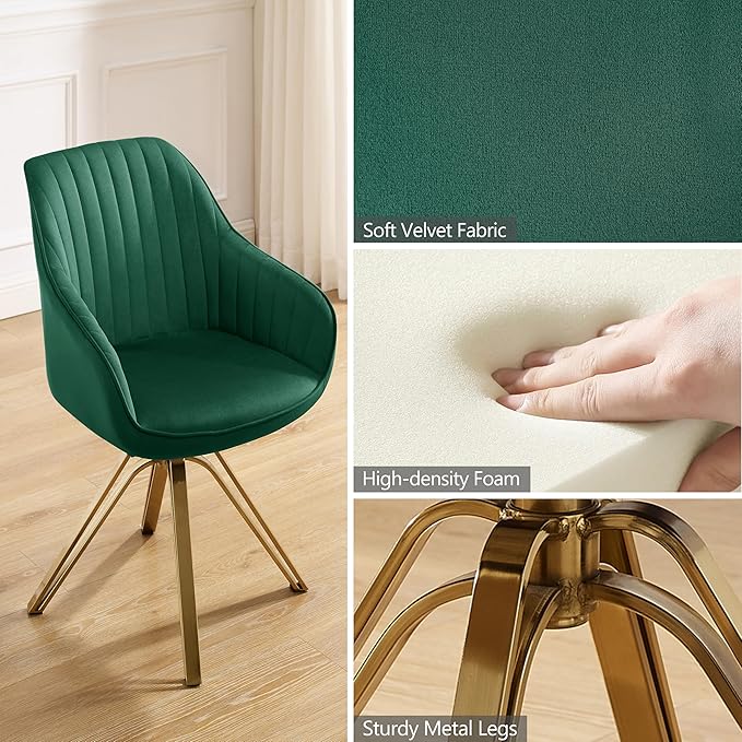 Zouron Mid Century Modern Swivel Accent Chair with Gold Metal Legs, Upholstered Swivel Chair No Wheels, Side Accent Arm Chair Vanity Chair for Small Space Home Office Living Room Bedroom, Green