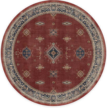 RUGGABLE Washable Vintage Area Rug – Verena Amber Red 6 ft Round, Stain-Resistant, Non-Slip – Medium Machine Washable Rugs for Living Room, Bedroom, Hallway, Entryway & Office–with Cushioned Pad
