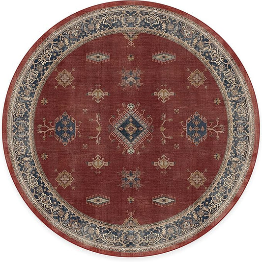 RUGGABLE Washable Vintage Area Rug – Verena Amber Red 6 ft Round, Stain-Resistant, Non-Slip – Medium Machine Washable Rugs for Living Room, Bedroom, Hallway, Entryway & Office–with Cushioned Pad
