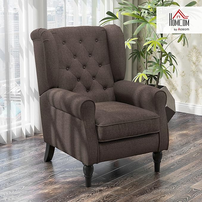 HOMCOM Mid-Century Modern Accent Chair, High Wingback Chair, Button-Tufted Upholstered Fabric Armchair with Retro Wood Legs for Living Room, Bedroom, Dark Brown