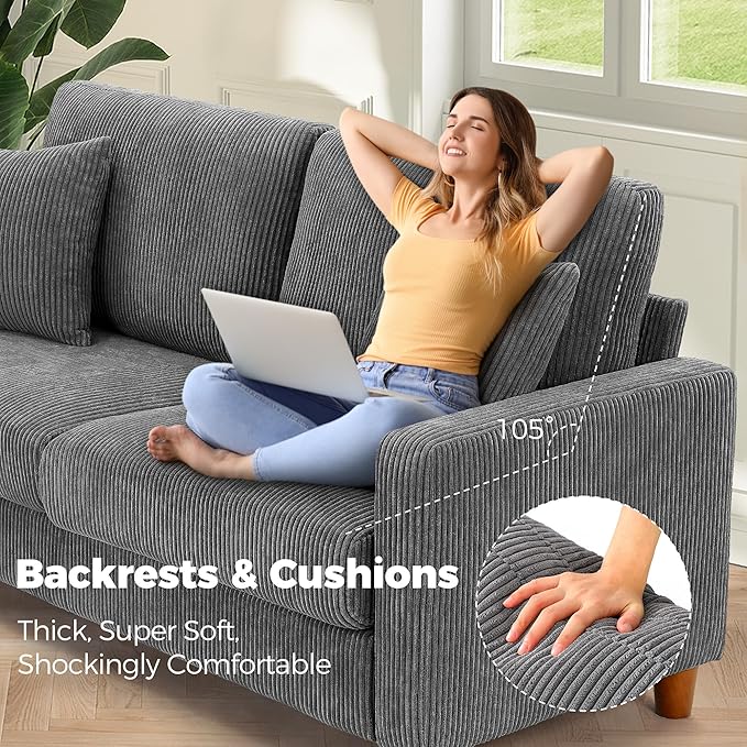 Kidirect 70in Corduroy Couch, Sofa No Tool Assembly, Comfy Couches for Living Room 21in Deeper Seats, Corduroy Sofas for Living Room with 2 Pillows, Oversized Loveseat Sofa, Boho Love Seat Grey Couch