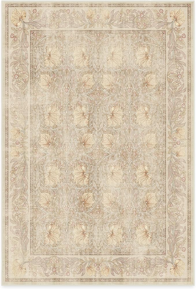 RUGGABLE x Morris & Co Washable Area Rug – Pimpernel Vintage Stone 6x9, Stain-Resistant, Non-Slip – Medium Machine Washable Rugs for Living Room, Bedroom, Hallway, Entryway & Office–with Standard Pad