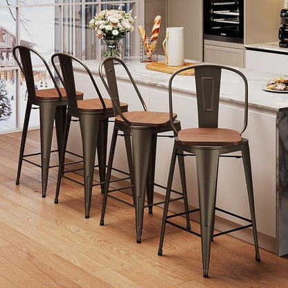 Aklaus Swivel Metal Bar Stools with Backs Counter Stools Set of 4 Counter Height Stools High Back Bar Chairs 30 Inch Barstools Farmhouse Rusty