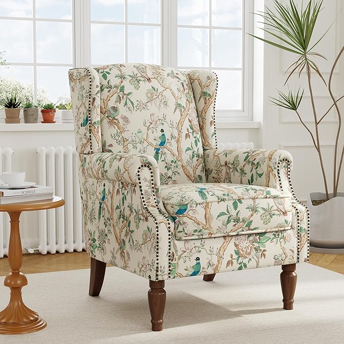 Accent Chair, Upholstered High Back Floral Armchair with Nailhead Trim & Wood Legs, Comfy Wingback Reading Single Sofa Chair for Small Spaces, Living Room, Bedroom