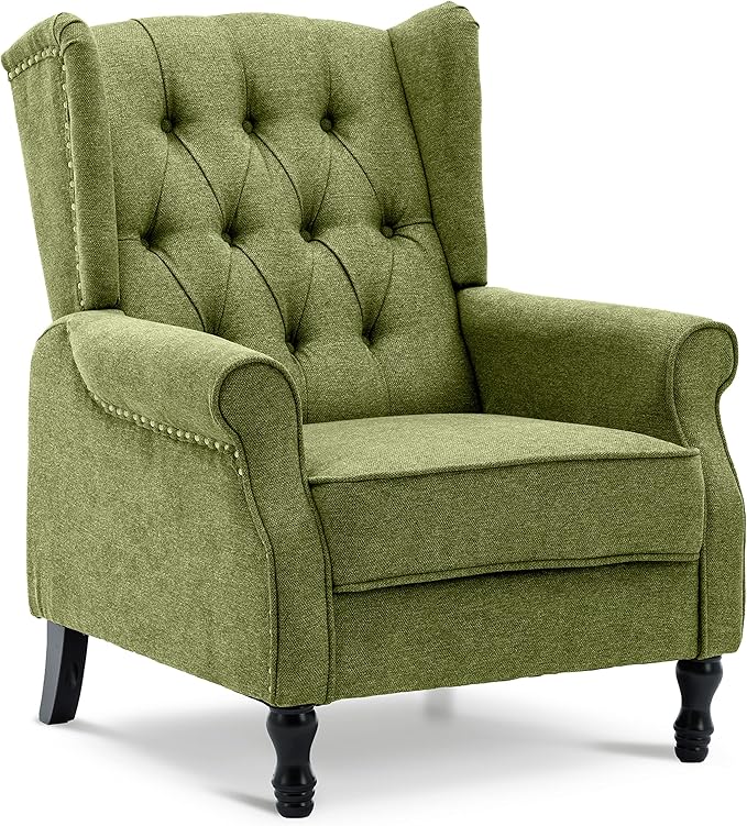 Artechworks Winged Fabric Modern Accent Chair Tufted Arm Club Chair Linen Single Sofa with Wooden Legs Comfy Upholstered for Reading Living Room Bedroom Office, Green