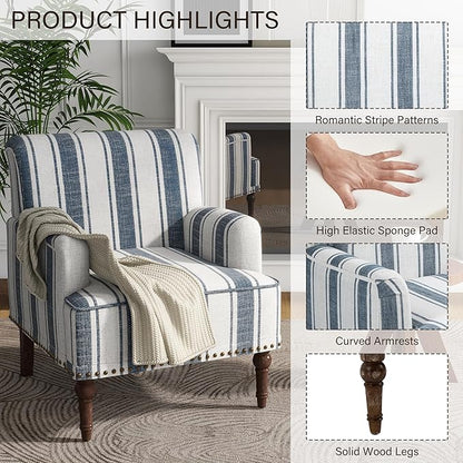UIXE Stripe Accent Chairs Set of 2, Living Room Arm Chair Modern Nailhead Trim Club Armchair, Comfy Upholstered Sofa Lounge Seat Reading Seat Bedroom Side Seating for Home Office, Dark Blue
