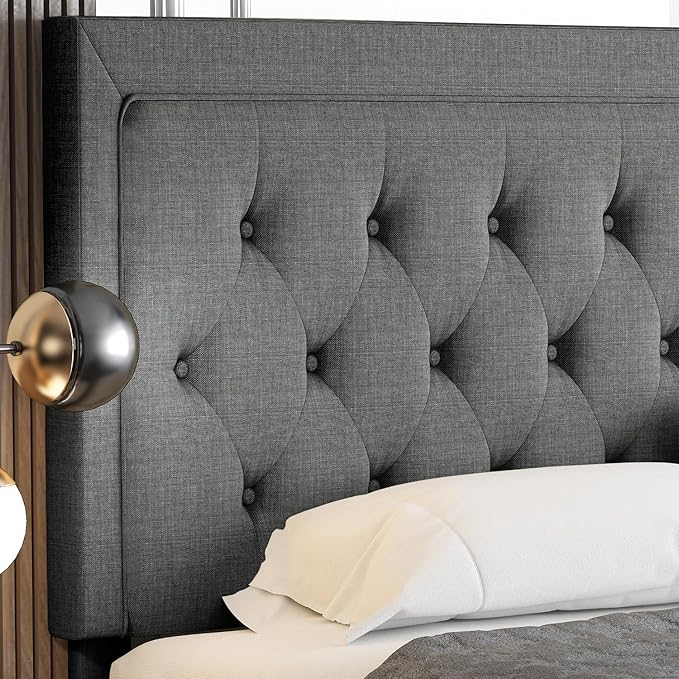 Allewie Queen Size Button Tufted/Fabric Upholstered Bed Frame with Adjustable Headboard/Wood Slat Support/Mattress Foundation/Dark Grey