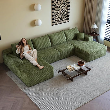 136" Sectional Couches for Living Room Modern Modular Sofa with L-Shape Couchs Upholstered Boneless Couch Deep Seat Sectional Couch with Chaise (Green, Right Facing Chaise+3Seaters+Ottoman)