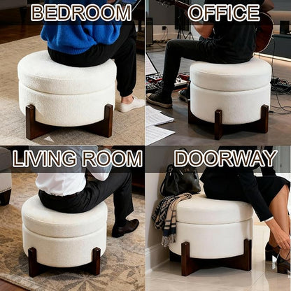 modscape 24-Inch Large Round Chenille Storage Ottoman Coffee Table Upholstered Velent Ottoman Table for Living Room Soft Tufted Circle Boucle Ottoman with Lift-Off Lid X-Base (Ivory, 24in-X-Base)