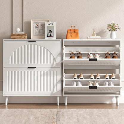 Shoe Cabinet for Entryway with 2 Flip Drawers, Slim Wooden Shoe Storage Organizer with Modern Fluted Pannel，Freestanding Narrow Hidden Shoe Rack for Hallway, Foyer, Living Room