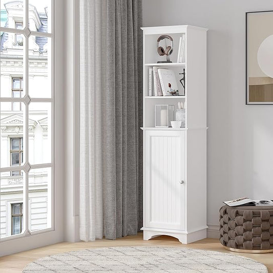 Spirich Home Freestanding Storage Cabinet with Three Tier Shelves, Tall Slim Cabinet, Free Standing Linen Tower, White
