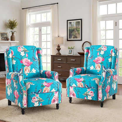 Recliner Chair, Upholstered Wingback Floral Pushback Armchair with Adjustable Backrest & Footrest, Comfy Accent Chair Reading Single Sofa for Small Spaces, Living Room, Bedroom (Peacock, Set of 1)