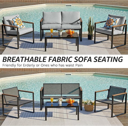 NATURAL EXPRESSIONS 4 Pieces Patio Furniture Sets,Outdoor Metal Sectional Furniture Modern Patio Conversation Set,Fauxwood Anti-Scald Armrest,Sling Mesh,Tempered-Glass Table,4" Olefin Cushions
