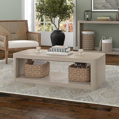 Henn&Hart 47" Rectangular Low-Profile Coffee Table with Open Storage Shelf for Living Room, Family Room, or Office, Alder White