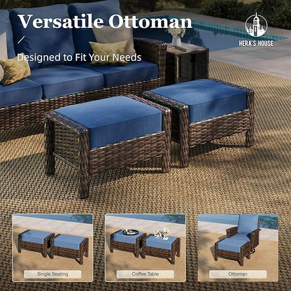 HERA'S HOUSE Wicker Patio Furniture Set, High Back Swivel Chairs with 5.5-Inch Thick Cushions, 6-Piece Outdoor Deep Seating Conversation Sets with Fire Pit Table & Ottomans for Deck Yard Garden, Blue