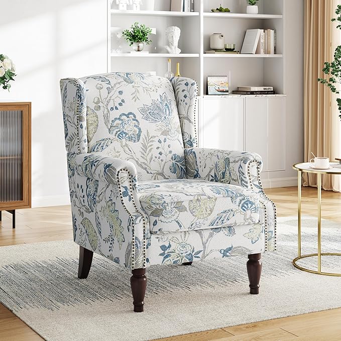 Pia Ricco Set of 2 Floral Accent Chairs, High Back Upholstered Armchairs with Retro Wingback Design, Nailhead Trim & Solid Wood Legs for Living Room Bedroom(Plants Blue)