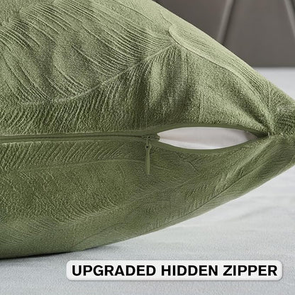 FUTEI Sage Green Velvet Throw Pillow Covers 18x18 Inch Set of 2,Soft Embossed Leaf-Relief Textured Cushion Cases,Natural Home Decor for Couch Living Room
