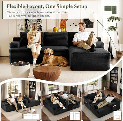 96''Sectional Couches for Living Room,Modern Modular Sectional Sofa,Upholstered Boneless Couch with Pockets,Comfy Cloud Couch with L Shaped Chaise(Black, 96''W Right Facing Chaise)