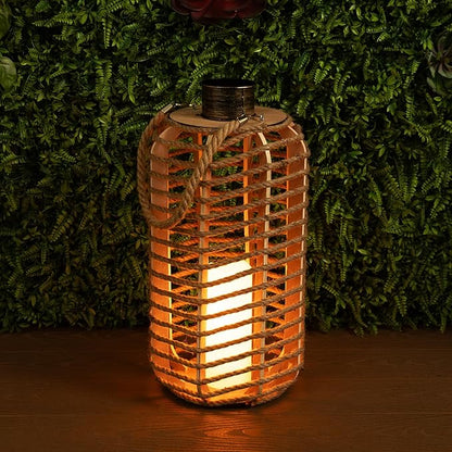 Alpine Corporation SKY392TM 28" H, Hemp Rope Wooden Lantern with Flickering LED Lights, Garden Decor for Patio, Lawn, and Yard