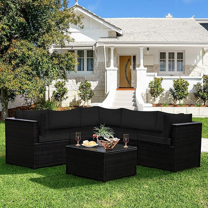 Tangkula 6 Pieces Patio Furniture Set, Outdoor Rattan Sofa Set, Wicker Conversation Set w/Tempered Glass Coffee Table & Cushions, Sectional Sofa Set for Backyard, Garden, Balcony, Poolside (Black)