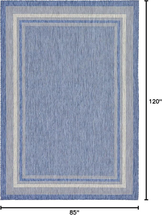 Unique Loom Outdoor Border Collection Area Rug - Soft Border (7' 1" x 10' Rectangle, Blue/ Ivory)