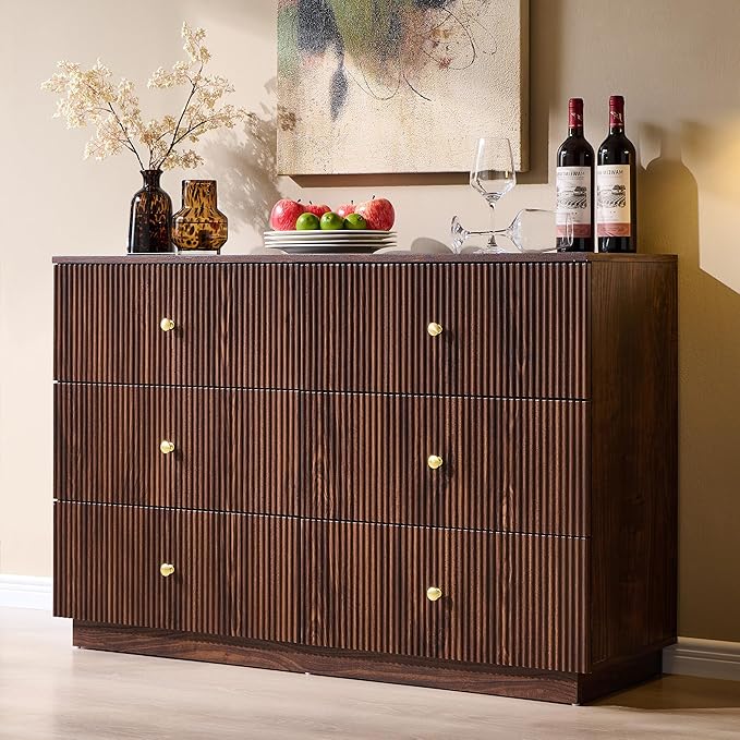 Fluted Dresser for Bedroom, 47" 6 Drawer Dressers, Wood Tall Dresser Storage Organizer, Modern Chest of Drawers with Deep Storage for Closet Hallway, Entryway, Living Room, Brown