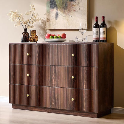 Fluted Dresser for Bedroom, 47" 6 Drawer Dressers, Wood Tall Dresser Storage Organizer, Modern Chest of Drawers with Deep Storage for Closet Hallway, Entryway, Living Room, Brown