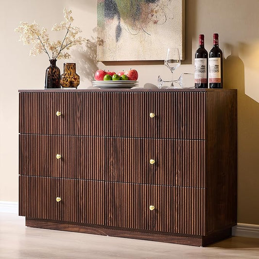 Fluted Dresser for Bedroom, 47" 6 Drawer Dressers, Wood Tall Dresser Storage Organizer, Modern Chest of Drawers with Deep Storage for Closet Hallway, Entryway, Living Room, Brown