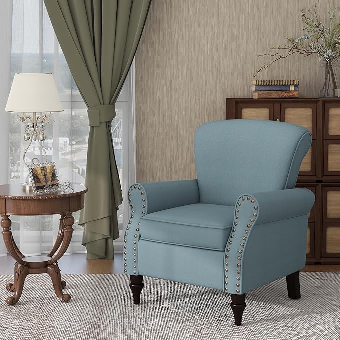 Accent Chair, Upholstered Armchair with High Resilience Sponge & Wood Legs, Mid-Century Modern Comfy Single Sofa Reading Chairs for Living Room, Bedroom (Blue, Set of 1)
