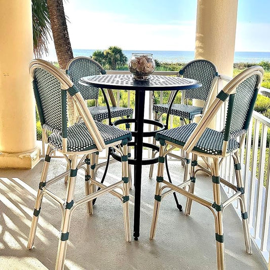 PURPLE LEAF French Counter Height Bar Stool Set of 4 25" White Print Finish Patio Bar Chairs with Back Rattan Bar Chairs French Bistro Set for Kitchen Outdoor Counter Stool Light Blue