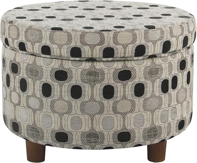 Homepop Home Decor | Upholstered Round Storage Ottoman | Ottoman with Storage for Living Room & Bedroom (Black Geo) Large