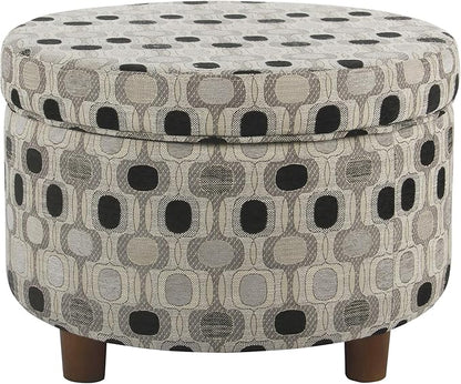 Homepop Home Decor | Upholstered Round Storage Ottoman | Ottoman with Storage for Living Room & Bedroom (Black Geo) Large
